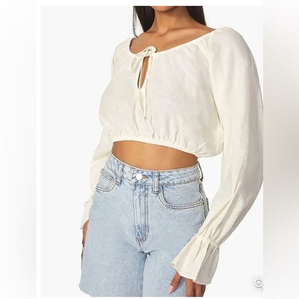 NEW WEWOREWHAT Linen Blend Ivory ON / Off Shoulder Tie Front Crop Top M